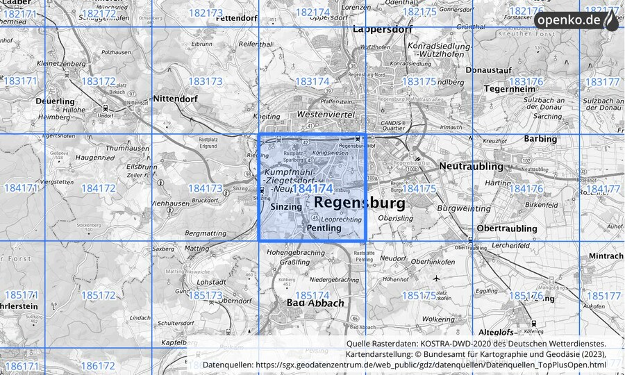 Übersichtskarte des KOSTRA-DWD-2020-Rasterfeldes Nr. 184174