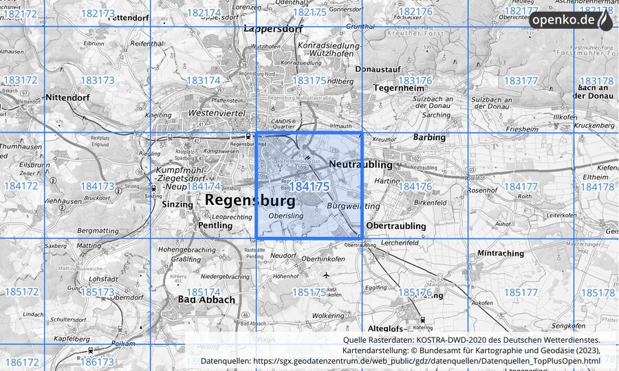 Übersichtskarte des KOSTRA-DWD-2020-Rasterfeldes Nr. 184175