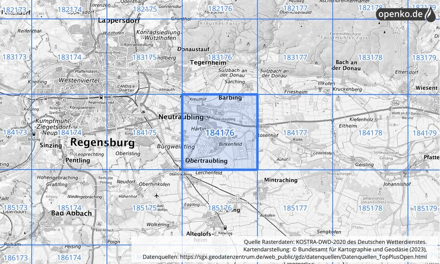 Übersichtskarte des KOSTRA-DWD-2020-Rasterfeldes Nr. 184176