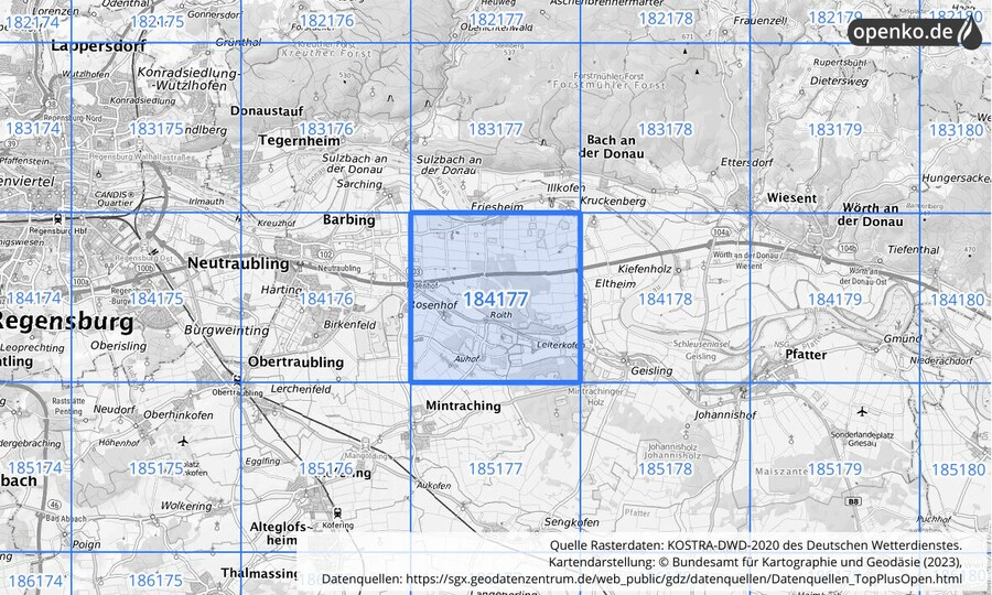 Übersichtskarte des KOSTRA-DWD-2020-Rasterfeldes Nr. 184177