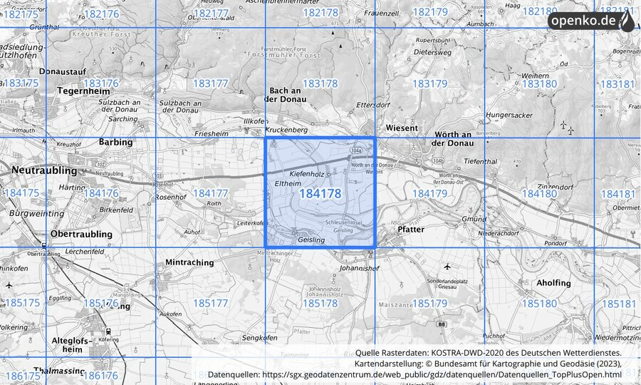 Übersichtskarte des KOSTRA-DWD-2020-Rasterfeldes Nr. 184178