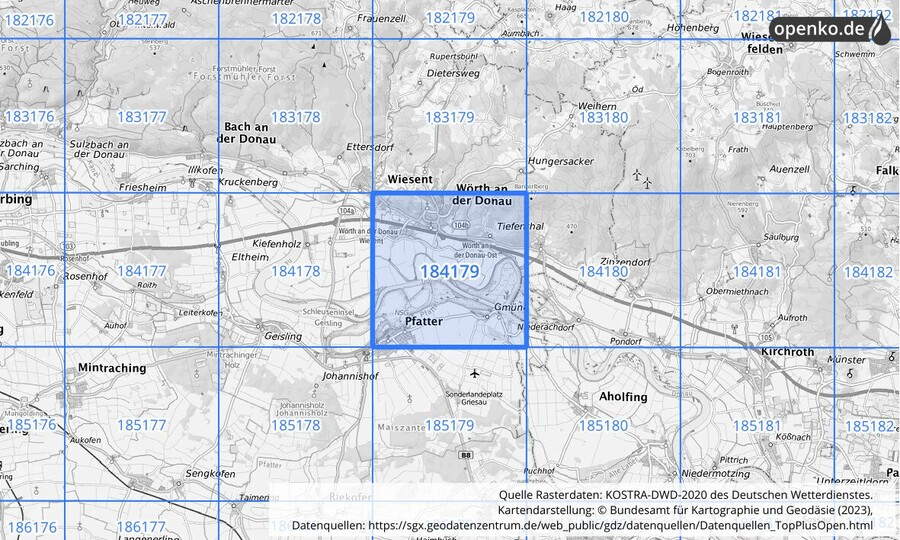 Übersichtskarte des KOSTRA-DWD-2020-Rasterfeldes Nr. 184179