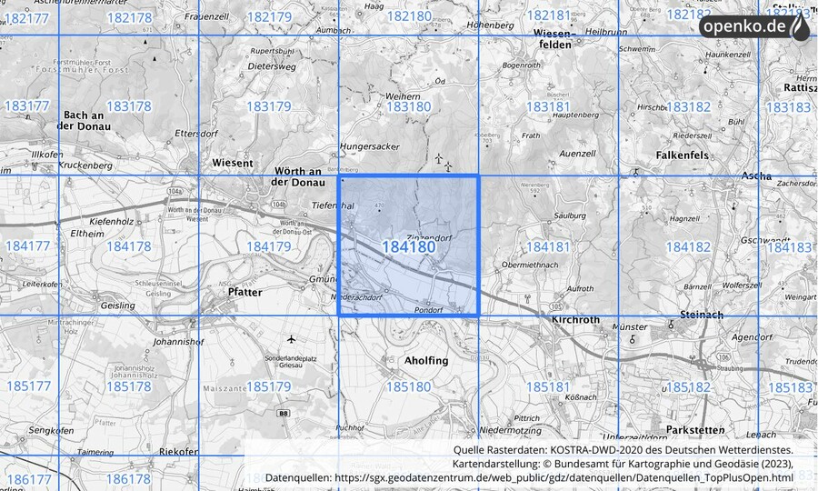 Übersichtskarte des KOSTRA-DWD-2020-Rasterfeldes Nr. 184180