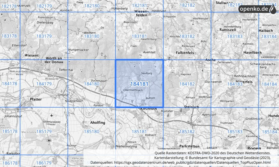 Übersichtskarte des KOSTRA-DWD-2020-Rasterfeldes Nr. 184181