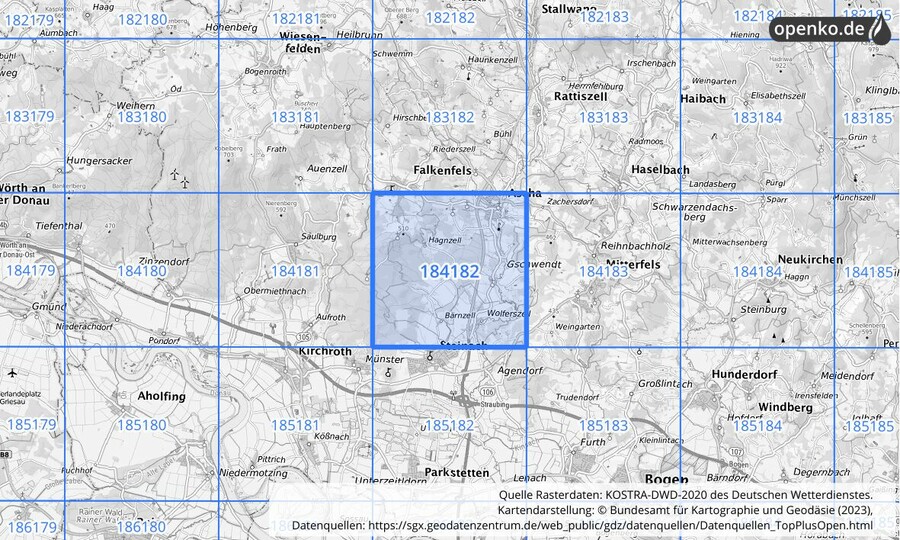 Übersichtskarte des KOSTRA-DWD-2020-Rasterfeldes Nr. 184182