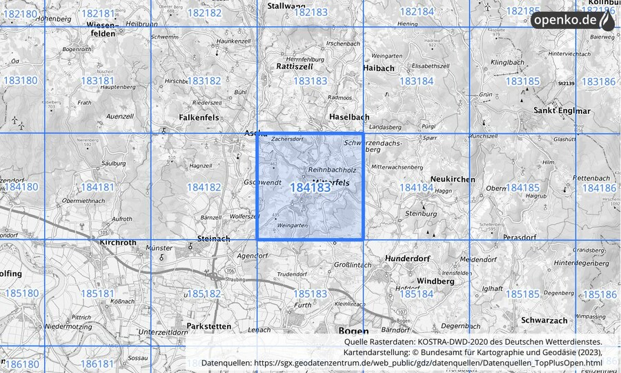 Übersichtskarte des KOSTRA-DWD-2020-Rasterfeldes Nr. 184183