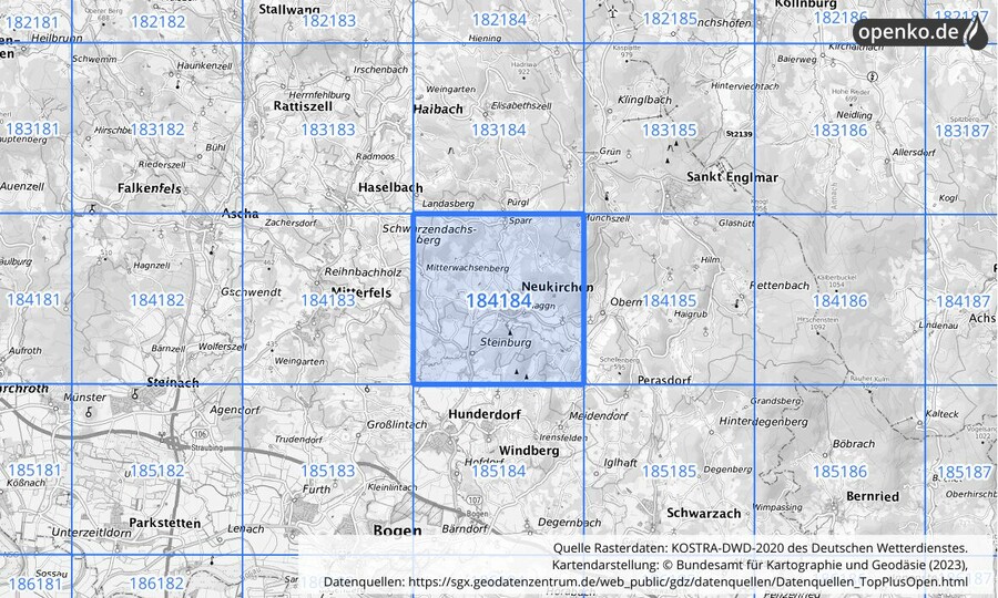 Übersichtskarte des KOSTRA-DWD-2020-Rasterfeldes Nr. 184184