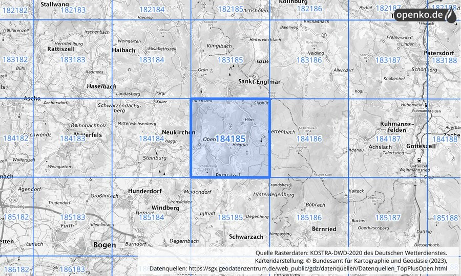 Übersichtskarte des KOSTRA-DWD-2020-Rasterfeldes Nr. 184185