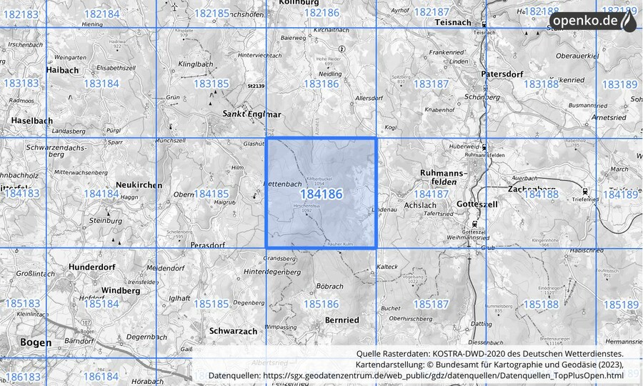 Übersichtskarte des KOSTRA-DWD-2020-Rasterfeldes Nr. 184186