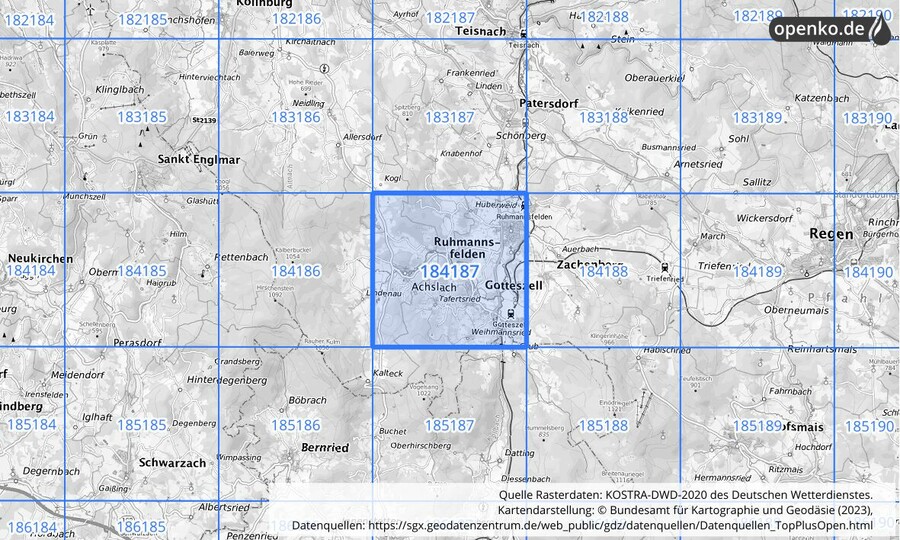 Übersichtskarte des KOSTRA-DWD-2020-Rasterfeldes Nr. 184187