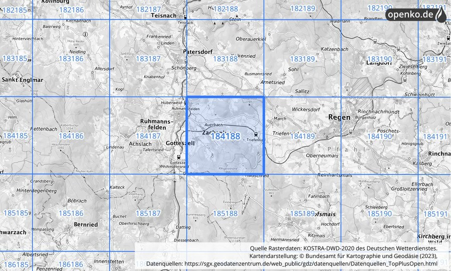 Übersichtskarte des KOSTRA-DWD-2020-Rasterfeldes Nr. 184188