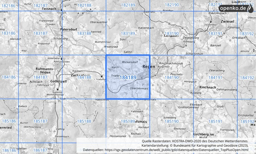 Übersichtskarte des KOSTRA-DWD-2020-Rasterfeldes Nr. 184189