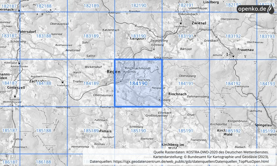 Übersichtskarte des KOSTRA-DWD-2020-Rasterfeldes Nr. 184190