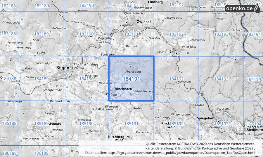 Übersichtskarte des KOSTRA-DWD-2020-Rasterfeldes Nr. 184191