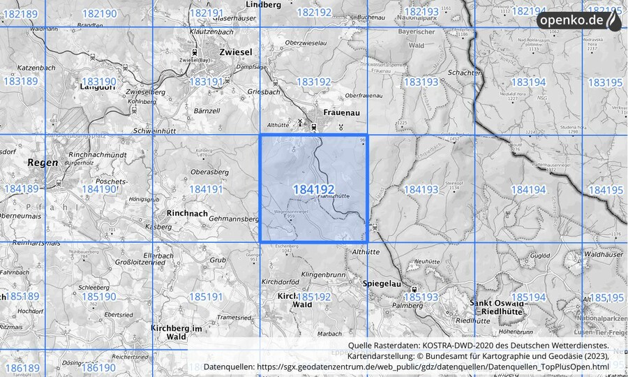 Übersichtskarte des KOSTRA-DWD-2020-Rasterfeldes Nr. 184192