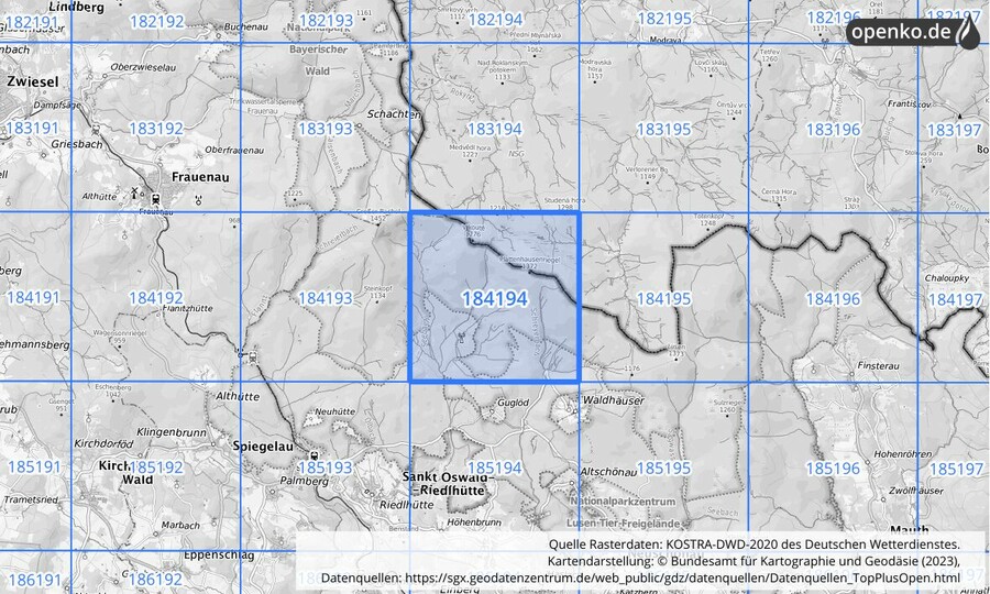 Übersichtskarte des KOSTRA-DWD-2020-Rasterfeldes Nr. 184194