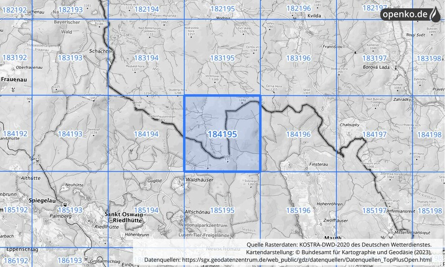 Übersichtskarte des KOSTRA-DWD-2020-Rasterfeldes Nr. 184195