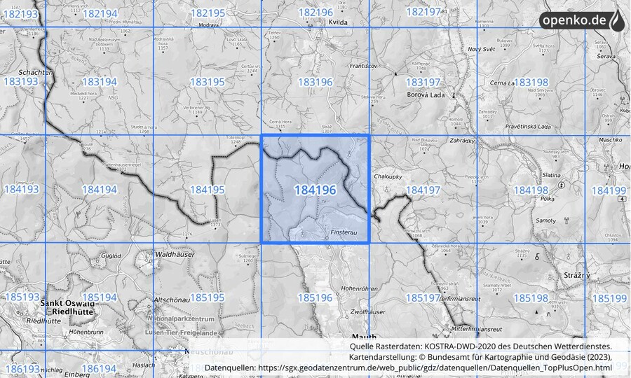 Übersichtskarte des KOSTRA-DWD-2020-Rasterfeldes Nr. 184196