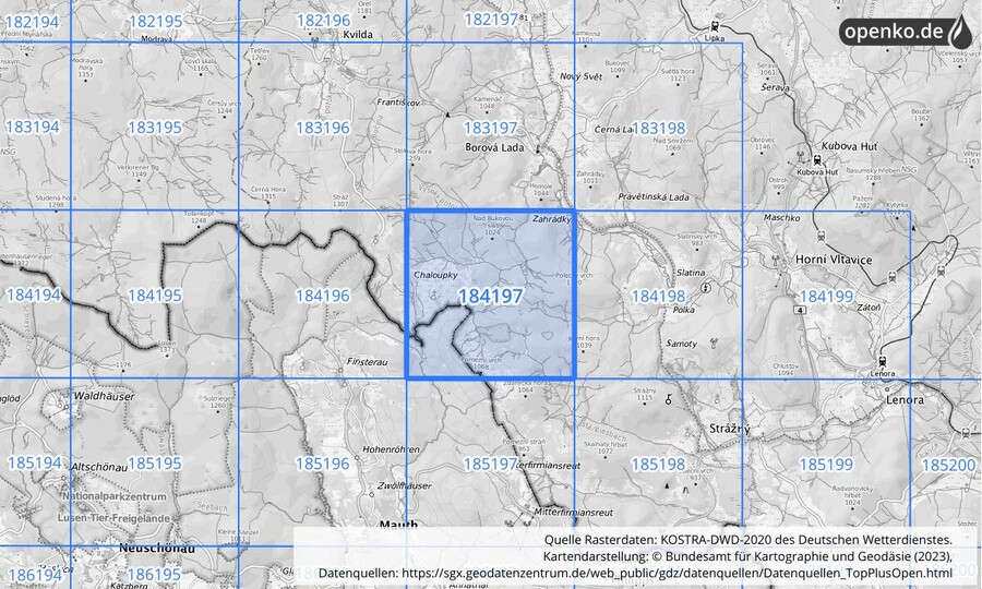 Übersichtskarte des KOSTRA-DWD-2020-Rasterfeldes Nr. 184197