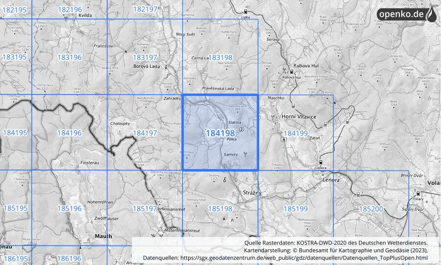 Übersichtskarte des KOSTRA-DWD-2020-Rasterfeldes Nr. 184198