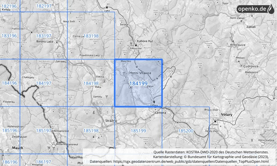 Übersichtskarte des KOSTRA-DWD-2020-Rasterfeldes Nr. 184199