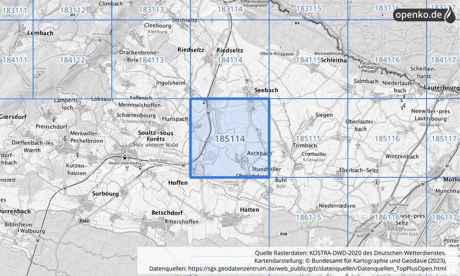 Übersichtskarte des KOSTRA-DWD-2020-Rasterfeldes Nr. 185114