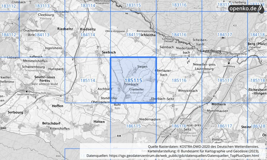 Übersichtskarte des KOSTRA-DWD-2020-Rasterfeldes Nr. 185115
