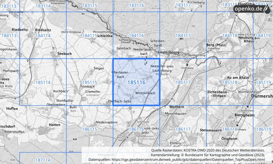 Übersichtskarte des KOSTRA-DWD-2020-Rasterfeldes Nr. 185116