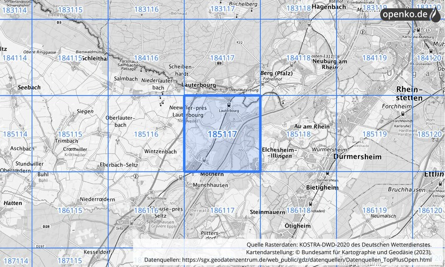 Übersichtskarte des KOSTRA-DWD-2020-Rasterfeldes Nr. 185117