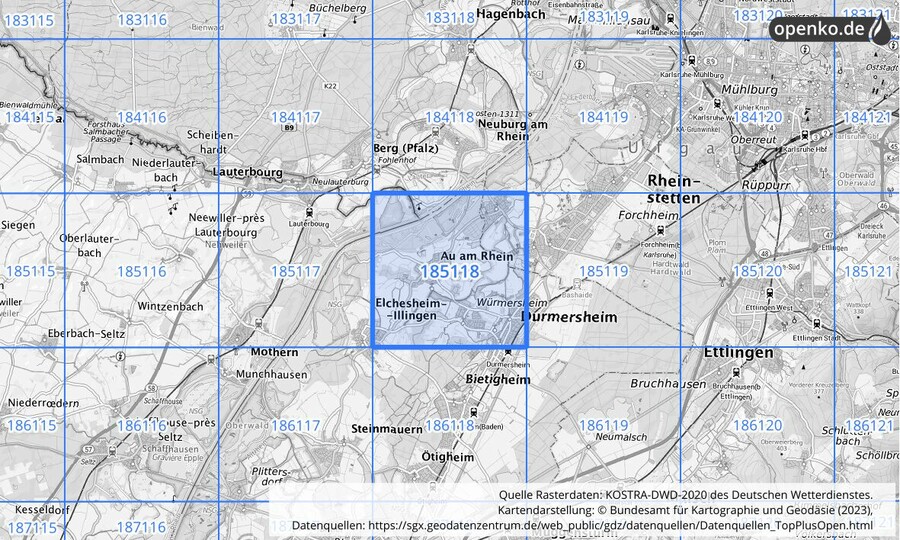 Übersichtskarte des KOSTRA-DWD-2020-Rasterfeldes Nr. 185118