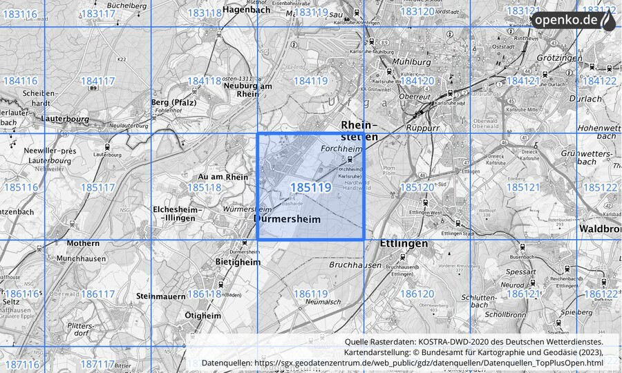 Übersichtskarte des KOSTRA-DWD-2020-Rasterfeldes Nr. 185119