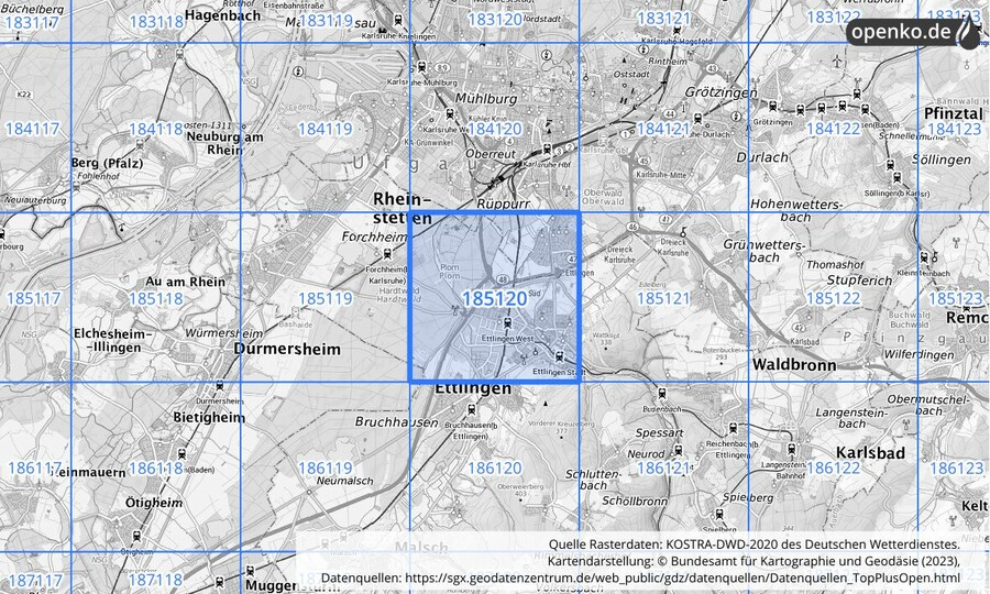 Übersichtskarte des KOSTRA-DWD-2020-Rasterfeldes Nr. 185120