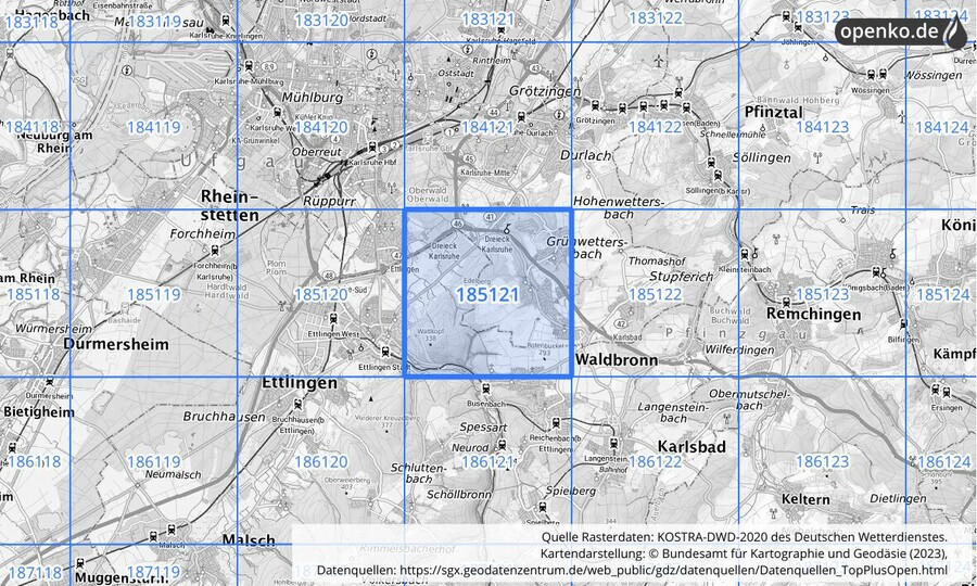 Übersichtskarte des KOSTRA-DWD-2020-Rasterfeldes Nr. 185121