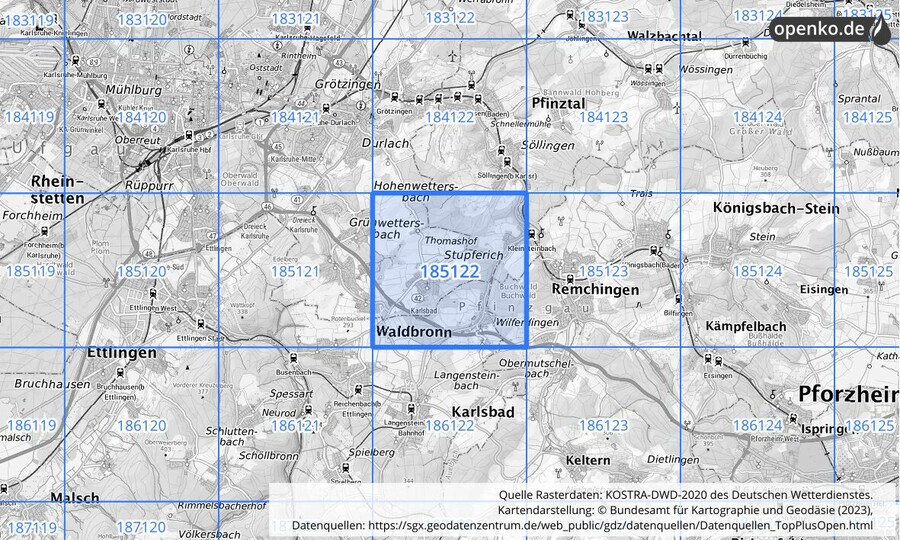 Übersichtskarte des KOSTRA-DWD-2020-Rasterfeldes Nr. 185122