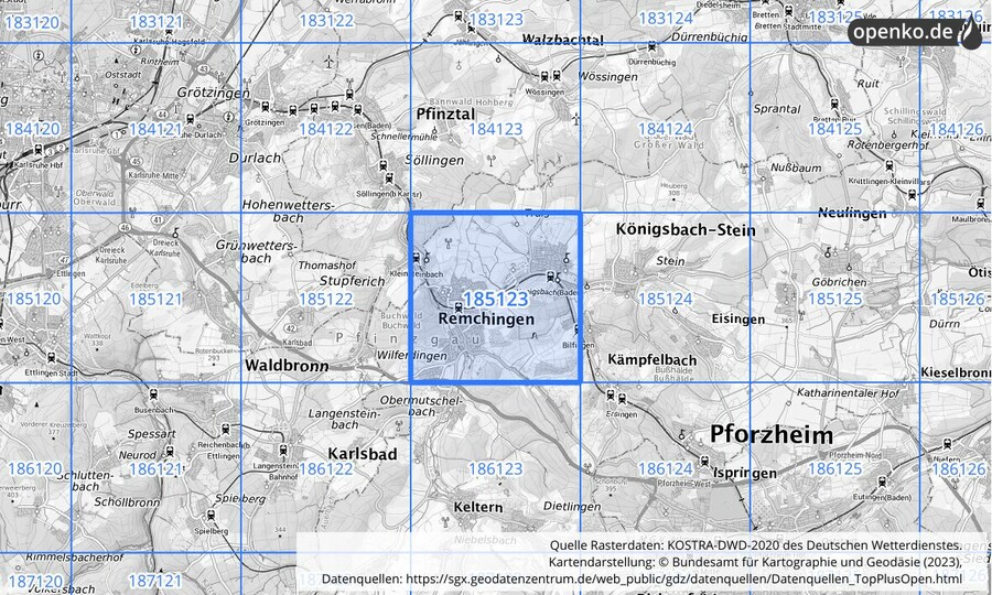 Übersichtskarte des KOSTRA-DWD-2020-Rasterfeldes Nr. 185123