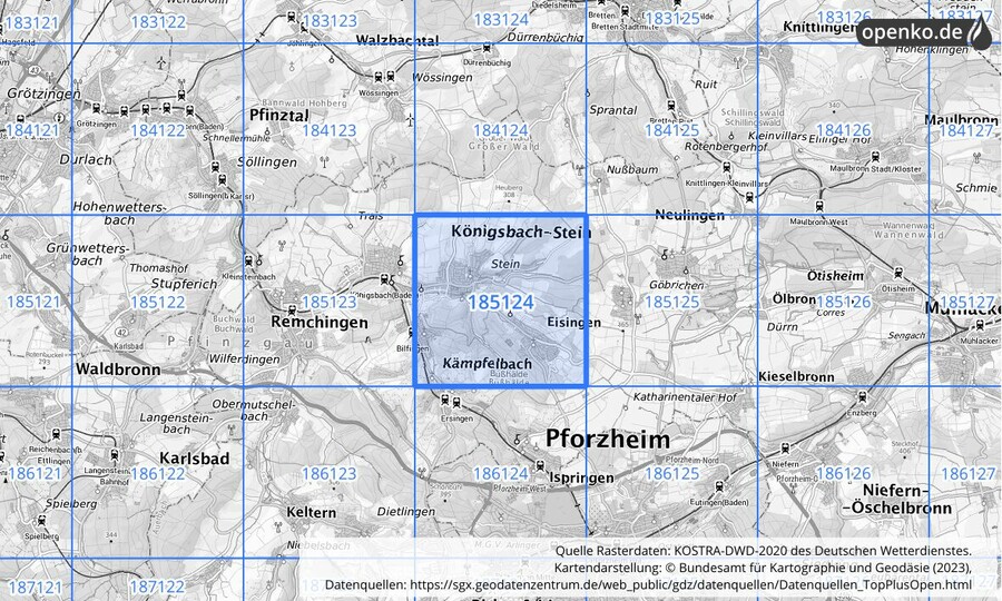 Übersichtskarte des KOSTRA-DWD-2020-Rasterfeldes Nr. 185124