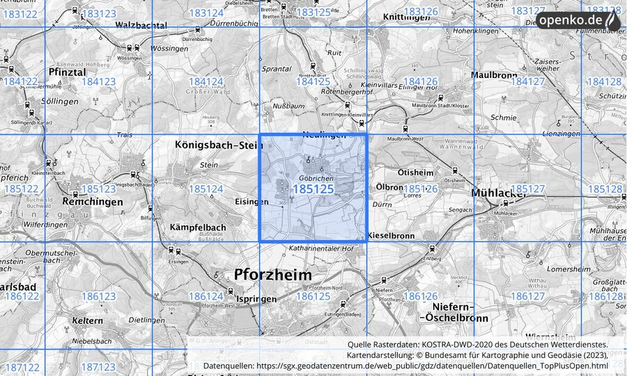 Übersichtskarte des KOSTRA-DWD-2020-Rasterfeldes Nr. 185125