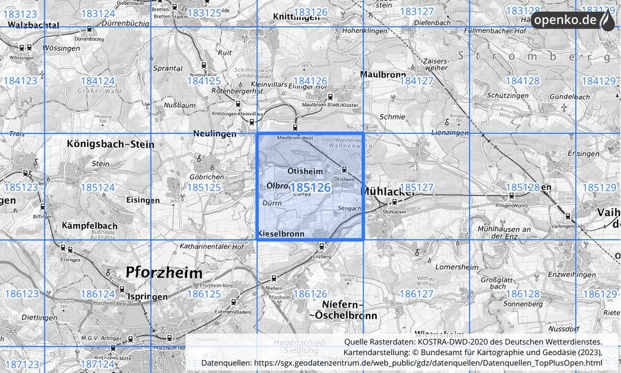 Übersichtskarte des KOSTRA-DWD-2020-Rasterfeldes Nr. 185126