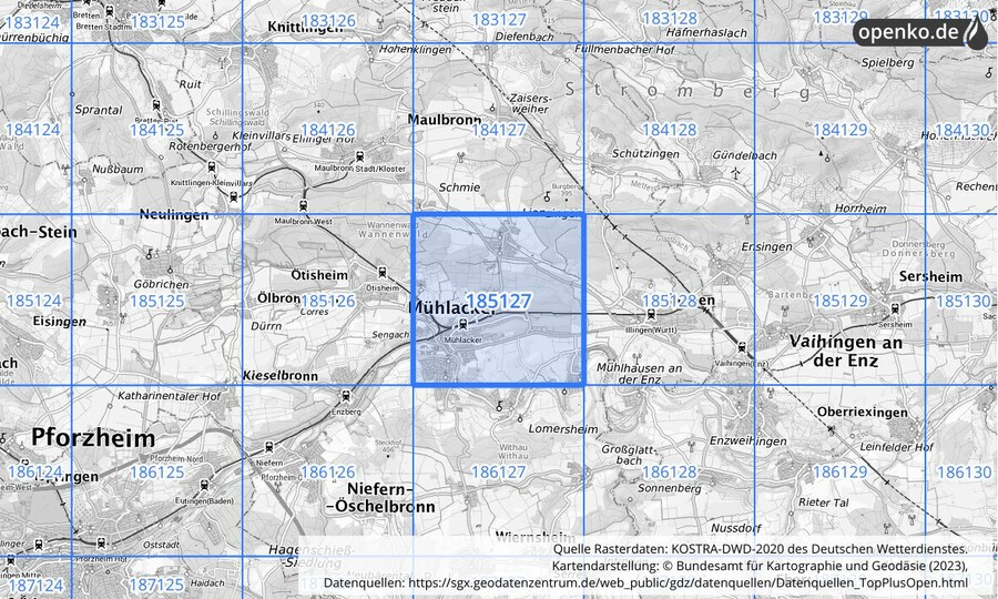 Übersichtskarte des KOSTRA-DWD-2020-Rasterfeldes Nr. 185127