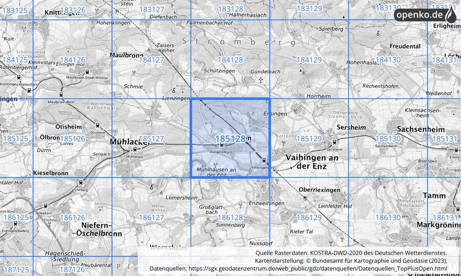 Übersichtskarte des KOSTRA-DWD-2020-Rasterfeldes Nr. 185128