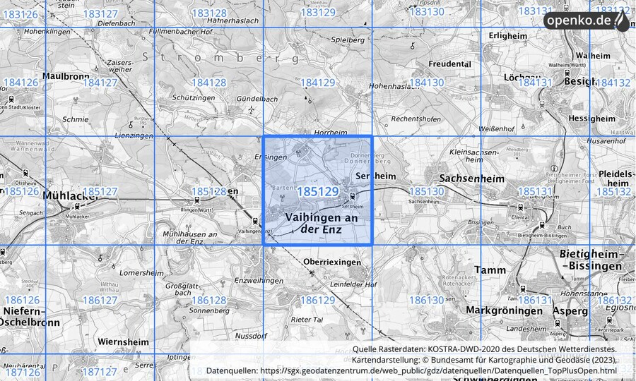 Übersichtskarte des KOSTRA-DWD-2020-Rasterfeldes Nr. 185129