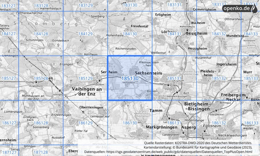 Übersichtskarte des KOSTRA-DWD-2020-Rasterfeldes Nr. 185130