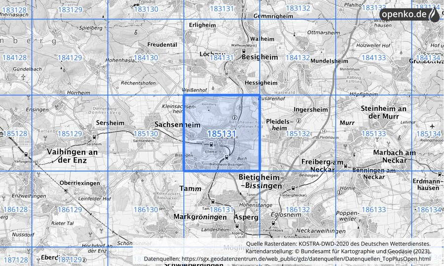 Übersichtskarte des KOSTRA-DWD-2020-Rasterfeldes Nr. 185131