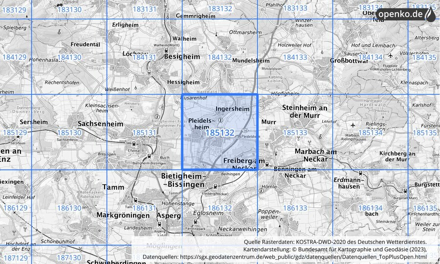 Übersichtskarte des KOSTRA-DWD-2020-Rasterfeldes Nr. 185132