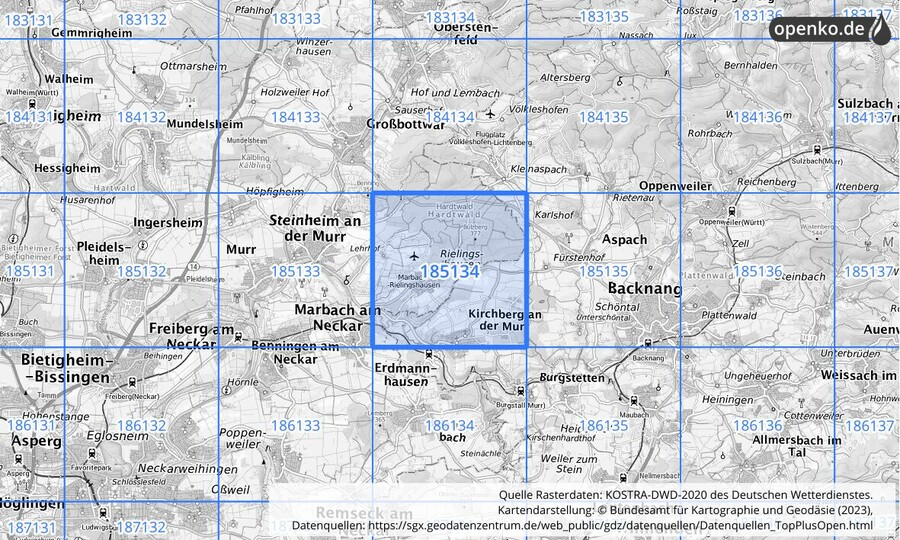 Übersichtskarte des KOSTRA-DWD-2020-Rasterfeldes Nr. 185134