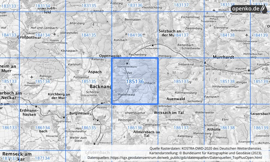 Übersichtskarte des KOSTRA-DWD-2020-Rasterfeldes Nr. 185136