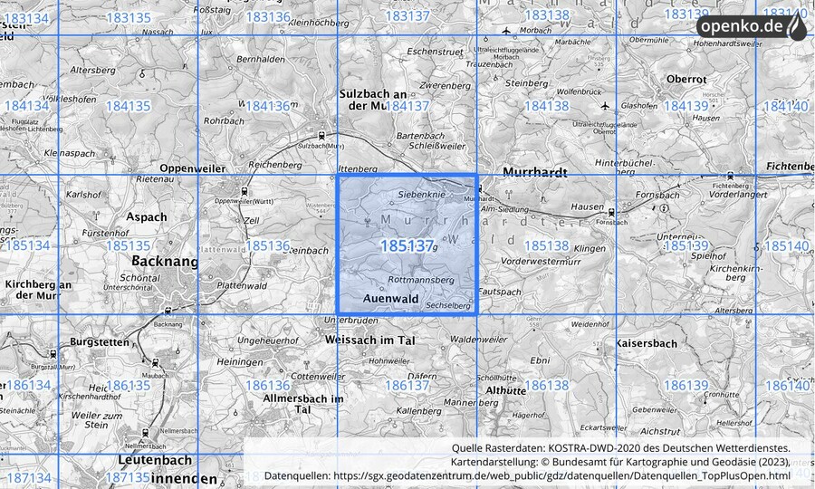 Übersichtskarte des KOSTRA-DWD-2020-Rasterfeldes Nr. 185137