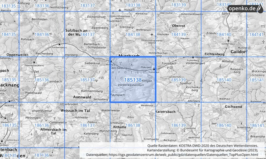 Übersichtskarte des KOSTRA-DWD-2020-Rasterfeldes Nr. 185138