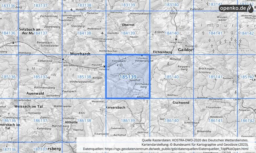 Übersichtskarte des KOSTRA-DWD-2020-Rasterfeldes Nr. 185139