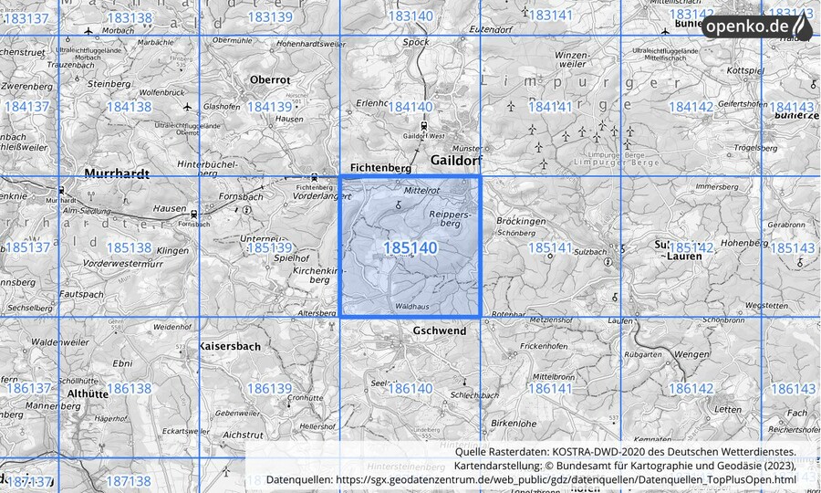 Übersichtskarte des KOSTRA-DWD-2020-Rasterfeldes Nr. 185140